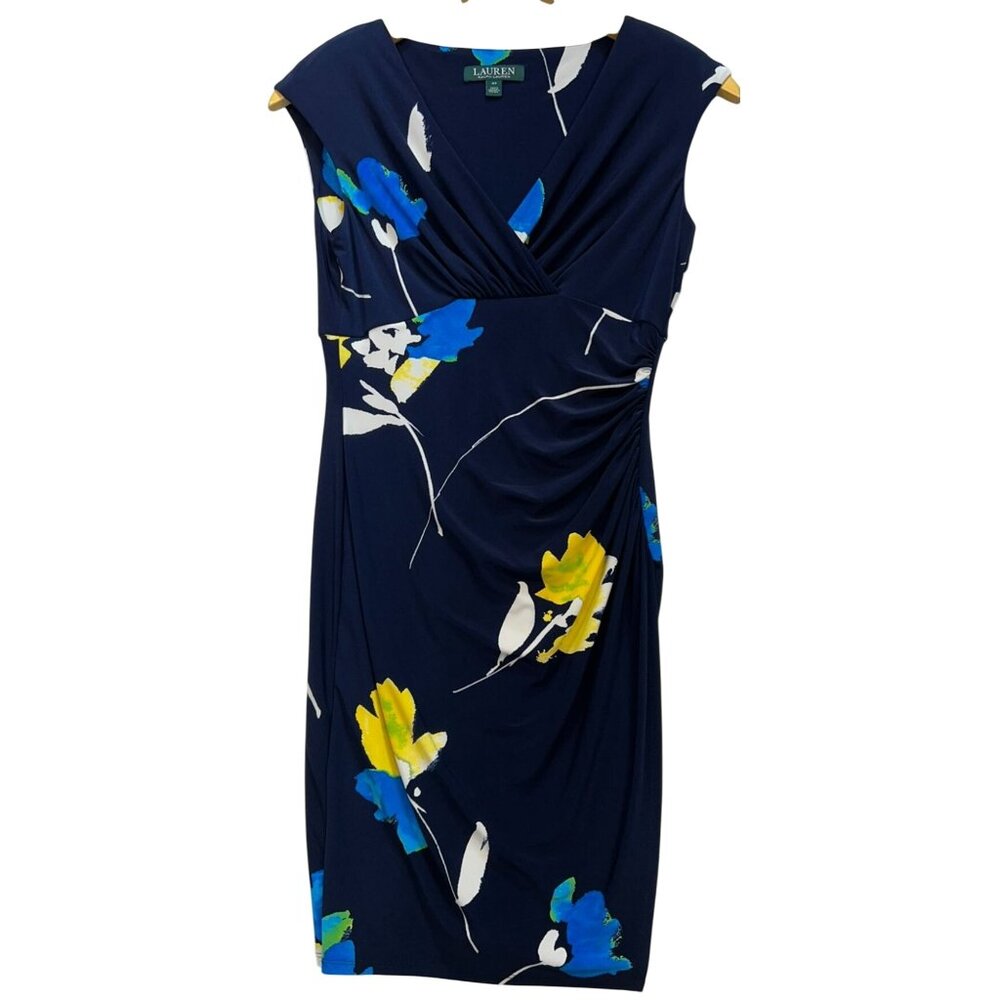 Lauren Ralph Lauren Womens Ruched Wrap V Neck Dress Cap Sleeve Sz 4P Navy Floral